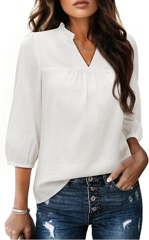 siliteelon Blouses for Women Business Casual Work Blouses for Women 3/4 Puff Sleeve Mandarin Collar V Neck Office Tops in Kuwait