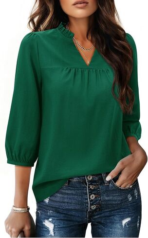 siliteelon Blouses for Women Business Casual Work Blouses for Women 3/4 Puff Sleeve Mandarin Collar V Neck Office Tops in Kuwait