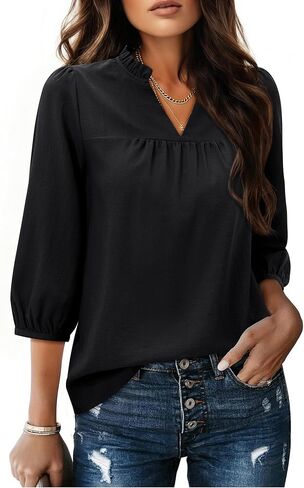 siliteelon Blouses for Women Business Casual Work Blouses for Women 3/4 Puff Sleeve Mandarin Collar V Neck Office Tops in Kuwait