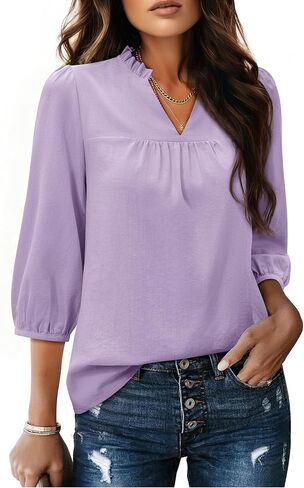siliteelon Blouses for Women Business Casual Work Blouses for Women 3/4 Puff Sleeve Mandarin Collar V Neck Office Tops in Kuwait