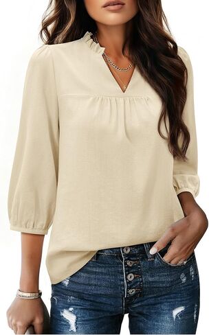 siliteelon Blouses for Women Business Casual Work Blouses for Women 3/4 Puff Sleeve Mandarin Collar V Neck Office Tops in Kuwait