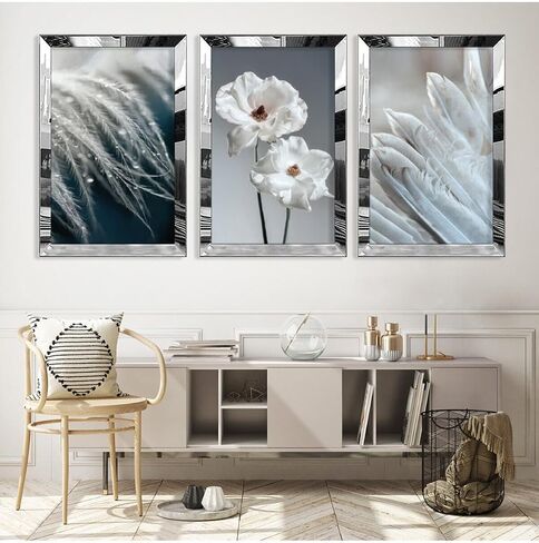 SODEF Silver Mirror Plexi Frame Collage Drawing Wall Art Set 3 Pieces MDF - Botanical Home Decor - 20x30cm - Silver, 16x24 inch in Saudi Arabia