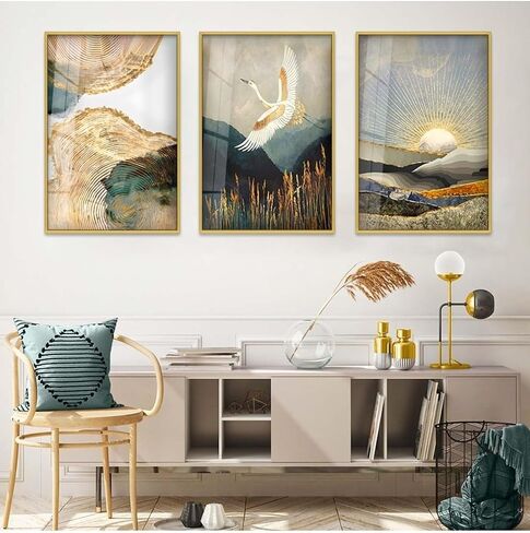 Set of 3 Framed Glass Wall Art Gold Metal 30x40 inches Modern Collage Drawing - Gold, 28x39 inch in Saudi Arabia