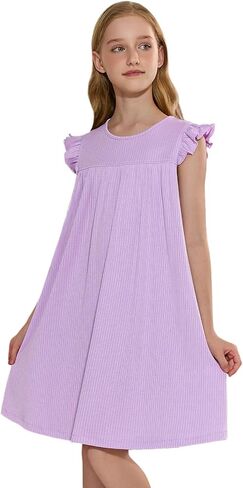 Jxstar Girls Nightgowns Solid Soft Sleepwear Flutter Sleeve Nightdress Kid Summer Casual Pajama Dress in Kuwait