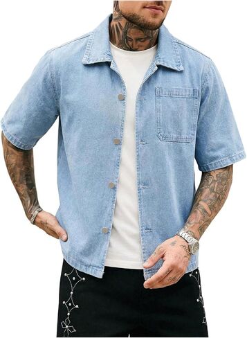 WDIRARA Men's Button Down Short Sleeve Denim Jacket Streetwear Jean Outerwear in Kuwait