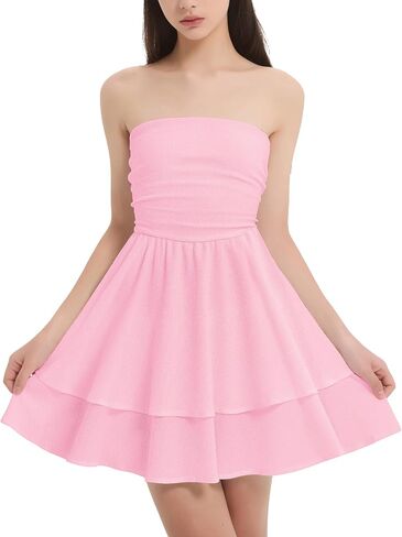 EXARUS Girls Strapless Padded Dresses Tube Top Smocked Ruffle Hem A-Line Teen Mini Graduation Summer Casual Dress 8-14Y in Kuwait