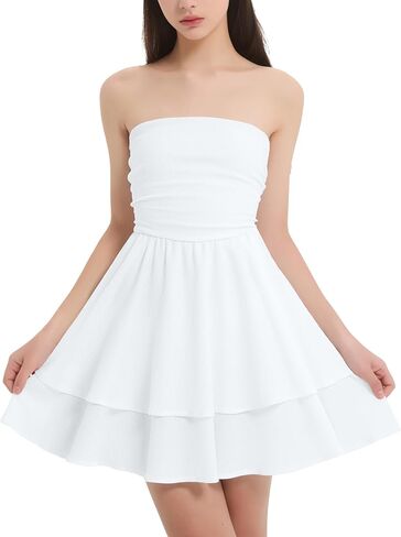 EXARUS Girls Strapless Padded Dresses Tube Top Smocked Ruffle Hem A-Line Teen Mini Graduation Summer Casual Dress 8-14Y in Kuwait