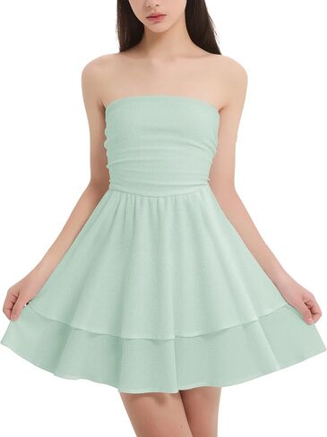 EXARUS Girls Strapless Padded Dresses Tube Top Smocked Ruffle Hem A-Line Teen Mini Graduation Summer Casual Dress 8-14Y in Kuwait