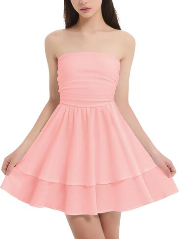 EXARUS Girls Strapless Padded Dresses Tube Top Smocked Ruffle Hem A-Line Teen Mini Graduation Summer Casual Dress 8-14Y in Kuwait