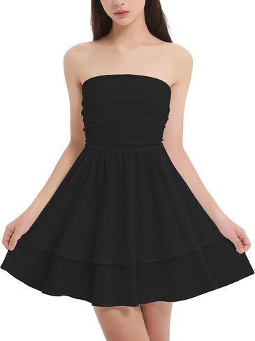 EXARUS Girls Strapless Padded Dresses Tube Top Smocked Ruffle Hem A-Line Teen Mini Graduation Summer Casual Dress 8-14Y in Kuwait