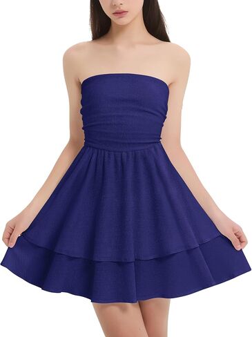 EXARUS Girls Strapless Padded Dresses Tube Top Smocked Ruffle Hem A-Line Teen Mini Graduation Summer Casual Dress 8-14Y in Kuwait