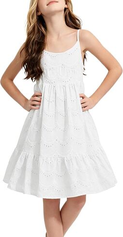 Girls Dresses Eyelet Lace Dress Spaghetti Strap Sundress Ruffle Casual Party Dress for Toddler 4-10Y in Saudi Arabia