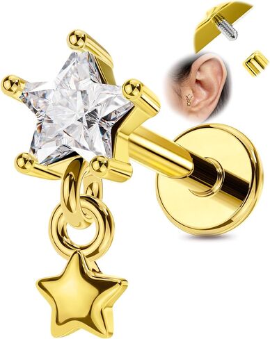 OUFER 16g Silver Gold Helix Tragus Conch Earrings 316L Surgical Steel CZ Internally Threaded Flat Back Earrings Star Dangle Nose Stud 6mm Lip Monroe Piercing Jewelry for Women on Party or Gift for Her in Kuwait