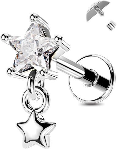 OUFER 16g Silver Gold Helix Tragus Conch Earrings 316L Surgical Steel CZ Internally Threaded Flat Back Earrings Star Dangle Nose Stud 6mm Lip Monroe Piercing Jewelry for Women on Party or Gift for Her in Kuwait