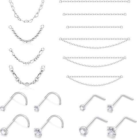 20/18G Nose Rings Chain Studs Piercings Jewelry for Women Men Surgical Steel Double Chains Corkscrew l Shaped Bar Hypoallergenic in Kuwait