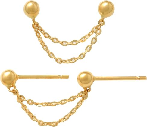 ANYGOLDS 14K الذهب الحقيقي الصلبة سلسلة مزدوجة الكرة قطرة قرط - 20 مقياس زركونيا مكعب للغضروف، اللولب، مجوهرات ثقب الفص العلوي - حلق سلسلة أنيقة للنساء - تباع كقطعة واحدة in Kuwait