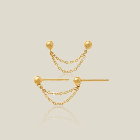 ANYGOLDS 14K الذهب الحقيقي الصلبة سلسلة مزدوجة الكرة قطرة قرط - 20 مقياس زركونيا مكعب للغضروف، اللولب، مجوهرات ثقب الفص العلوي - حلق سلسلة أنيقة للنساء - تباع كقطعة واحدة in Kuwait