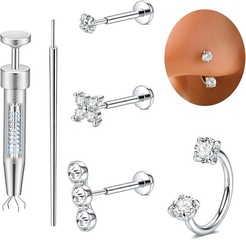 AceFun 18G Push In Nose Studs Septum Horseshoe Nose Ring with piercing taper ball grabber tool Threadless Flat Back Labret Earrings Lip Rings Nostril Piercing Jewelry Set CZ Gold Silver for Women Men in Saudi Arabia