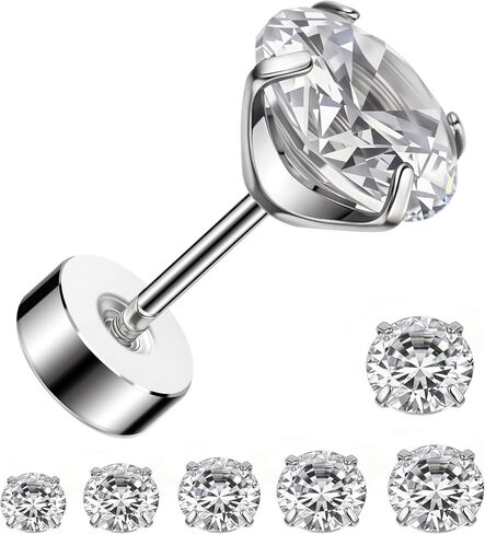 6 Pairs 20G Screw Back Stud Earrings, Hypoallergenic Surgical Steel Flat Back Cubic Zirconia Earring Set for Sensitive Ears, Lobe Cartilage Helix Tragus Piercing Women Men (2mm,3,4,5,6,8mm) in Kuwait