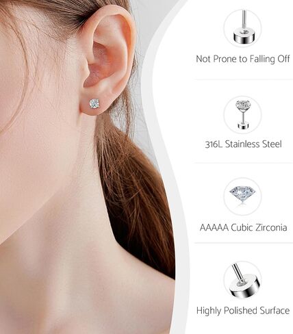 6 Pairs 20G Screw Back Stud Earrings, Hypoallergenic Surgical Steel Flat Back Cubic Zirconia Earring Set for Sensitive Ears, Lobe Cartilage Helix Tragus Piercing Women Men (2mm,3,4,5,6,8mm) in Kuwait