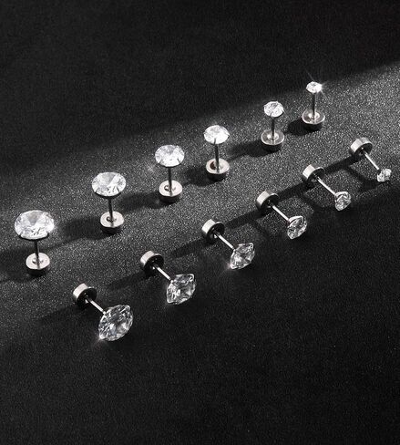 6 Pairs 20G Screw Back Stud Earrings, Hypoallergenic Surgical Steel Flat Back Cubic Zirconia Earring Set for Sensitive Ears, Lobe Cartilage Helix Tragus Piercing Women Men (2mm,3,4,5,6,8mm) in Kuwait