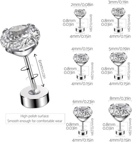 6 Pairs 20G Screw Back Stud Earrings, Hypoallergenic Surgical Steel Flat Back Cubic Zirconia Earring Set for Sensitive Ears, Lobe Cartilage Helix Tragus Piercing Women Men (2mm,3,4,5,6,8mm) in Kuwait