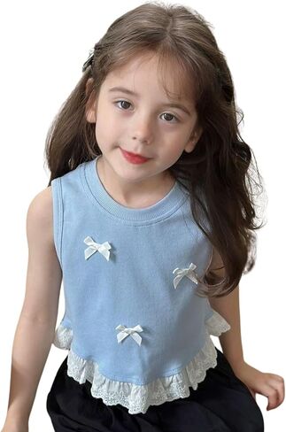Girls' Tank Top with Bows, Blue Sleeveless Vest, White Lace Hem, Floral Trim, Summer Cute, Sizes 4T 6 8 in Saudi Arabia