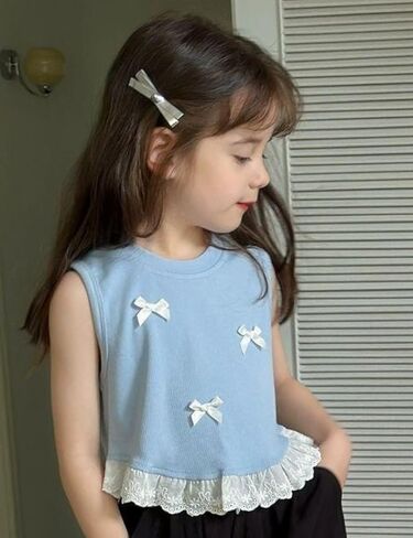 Girls' Tank Top with Bows, Blue Sleeveless Vest, White Lace Hem, Floral Trim, Summer Cute, Sizes 4T 6 8 in Saudi Arabia