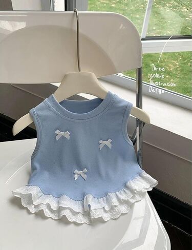 Girls' Tank Top with Bows, Blue Sleeveless Vest, White Lace Hem, Floral Trim, Summer Cute, Sizes 4T 6 8 in Saudi Arabia