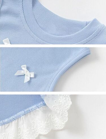 Girls' Tank Top with Bows, Blue Sleeveless Vest, White Lace Hem, Floral Trim, Summer Cute, Sizes 4T 6 8 in Saudi Arabia