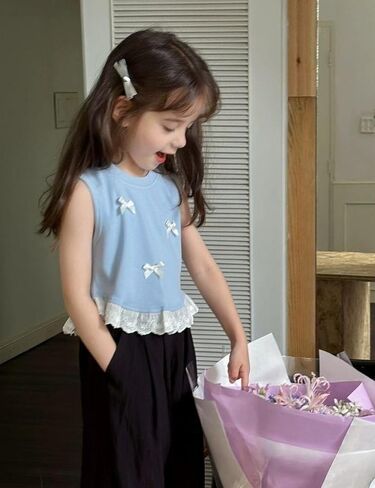 Girls' Tank Top with Bows, Blue Sleeveless Vest, White Lace Hem, Floral Trim, Summer Cute, Sizes 4T 6 8 in Saudi Arabia