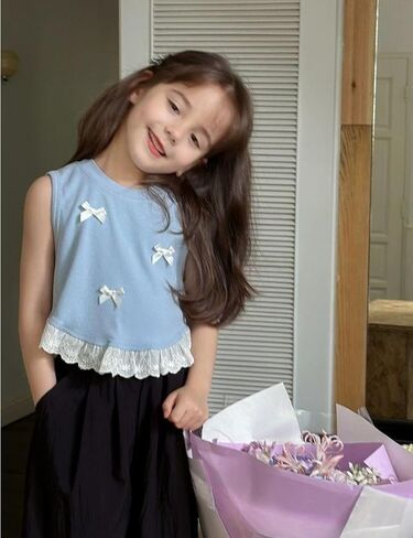 Girls' Tank Top with Bows, Blue Sleeveless Vest, White Lace Hem, Floral Trim, Summer Cute, Sizes 4T 6 8 in Saudi Arabia