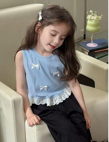 Girls' Tank Top with Bows, Blue Sleeveless Vest, White Lace Hem, Floral Trim, Summer Cute, Sizes 4T 6 8 in Saudi Arabia