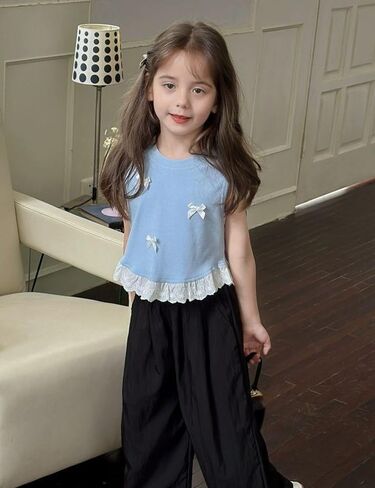 Girls' Tank Top with Bows, Blue Sleeveless Vest, White Lace Hem, Floral Trim, Summer Cute, Sizes 4T 6 8 in Saudi Arabia