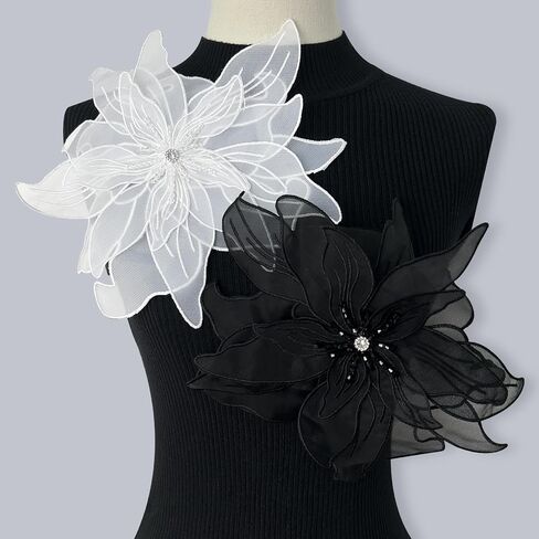 Black and White Multi-Layer Organza 3D Embroidery Decorative Patches/Bows/Lotus Flower Brooch Women's Decorative Patch with Anti Glare Collar lace (Black and White Flower Studded Corsage) in Kuwait
