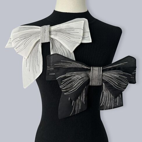 Black and White Multi-Layer Organza 3D Embroidery Decorative Patches/Bows/Lotus Flower Brooch Women's Decorative Patch with Anti Glare Collar lace (Black and White Flower Studded Corsage) in Kuwait
