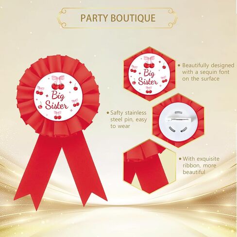 Cherry Big Sister Badge Pin, Pink Bows Happy Birthday Girl Button Pin, Red Rosette Sweet Berry Sister to Be Award Ribbon for Girl, She Is The Cherry on Top Themed Party Supplies in Kuwait