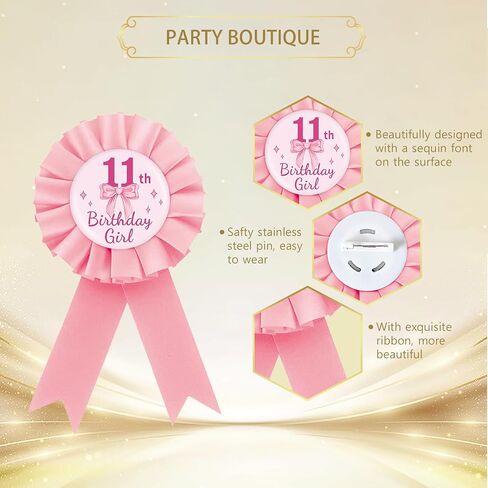 دبوس شارة صفيح لعيد الميلاد الحادي عشر من Pink Bow، دبوس زر لفتاة عيد الميلاد الحادي عشر من Rosette باللون الوردي، وشريط بروش Coquette Bow Eleven من لوازم الحفلات in Kuwait