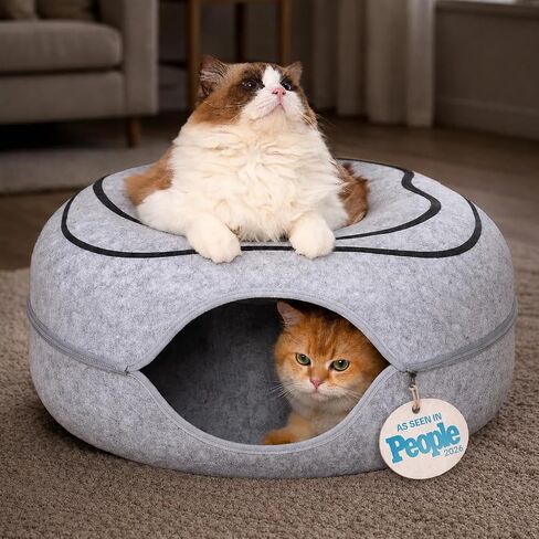 Peekaboo Cat Cave Donut - Cat Tunnel Bed for Indoor Cats – Cute Patterns Hideaway for Multiple & Large Cats, Scratch-Resistant (Dark Gray) in Kuwait
