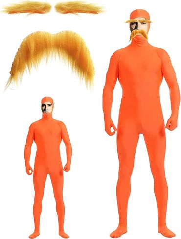 Sheface Men's and Women's Orange Open Face Bodysuit Costume Adult Stretchy Spandex Zentai with Yellow Mustache and Eyebrows in Kuwait