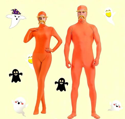 Sheface Men's and Women's Orange Open Face Bodysuit Costume Adult Stretchy Spandex Zentai with Yellow Mustache and Eyebrows in Kuwait