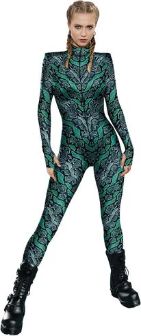 للجنسين هالوين زهرة الورد الهيكل العظمي ارتداءها حزب نحيل الجبهة زيبر Catsuit تأثيري حلي الزي in Kuwait