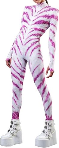 للجنسين هالوين زهرة الورد الهيكل العظمي ارتداءها حزب نحيل الجبهة زيبر Catsuit تأثيري حلي الزي in Kuwait