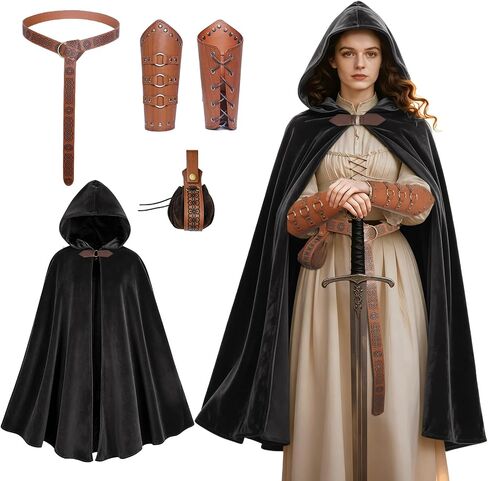 Women's Renaissance Cloak with Hood,Medieval Buckle Cape with belt, waistpack and wrist guards for Halloween Party. in Kuwait