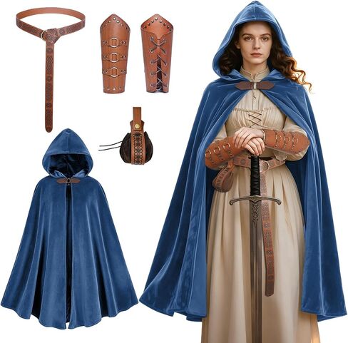 Women's Renaissance Cloak with Hood,Medieval Buckle Cape with belt, waistpack and wrist guards for Halloween Party. in Kuwait