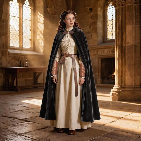 Women's Renaissance Cloak with Hood,Medieval Buckle Cape with belt, waistpack and wrist guards for Halloween Party. in Kuwait