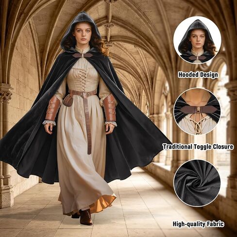 Women's Renaissance Cloak with Hood,Medieval Buckle Cape with belt, waistpack and wrist guards for Halloween Party. in Kuwait