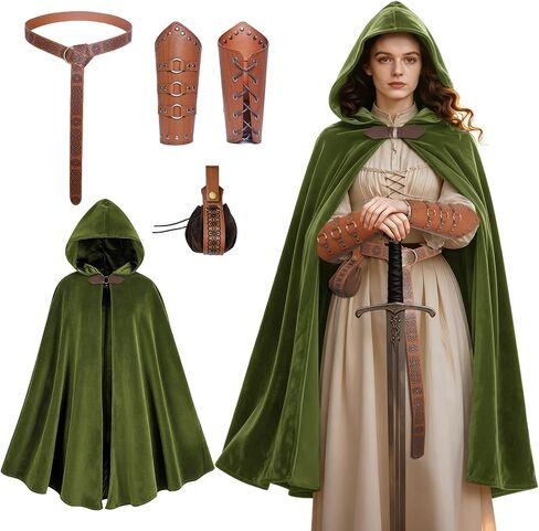 Women's Renaissance Cloak with Hood,Medieval Buckle Cape with belt, waistpack and wrist guards for Halloween Party. in Kuwait
