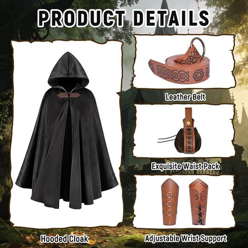 Women's Renaissance Cloak with Hood,Medieval Buckle Cape with belt, waistpack and wrist guards for Halloween Party. in Kuwait