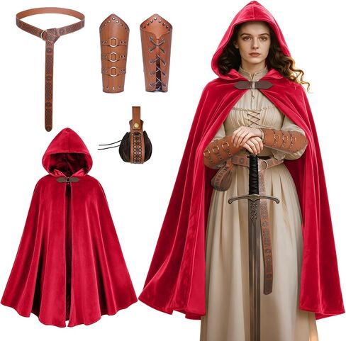 Women's Renaissance Cloak with Hood,Medieval Buckle Cape with belt, waistpack and wrist guards for Halloween Party. in Kuwait
